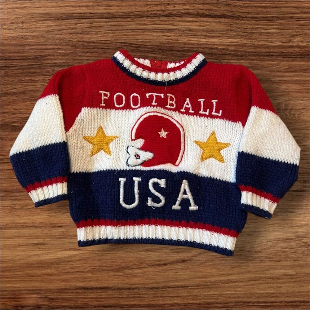 ☑️ Vintage Football USA Red White Blue Knit Baby Sweater 12 Months